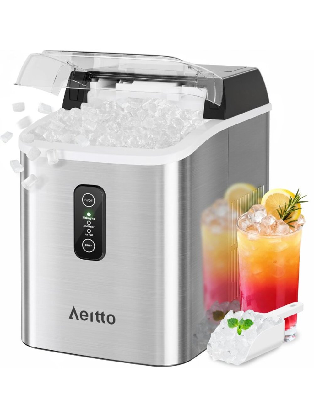 Aeitto Nugget Ice Maker Countertop, 42lbs/24H, Self-Cleaning, Silver
